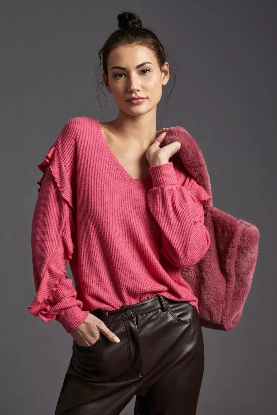 Anthropologie Pilcro Ruffled V-Neck Waffle Knit Top Shirt Rasberry Pink Womens M